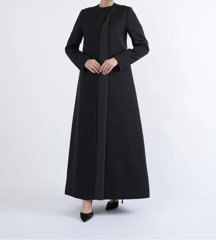 Black Formal Abaya with Tailored Silhouette and Stripe Panel