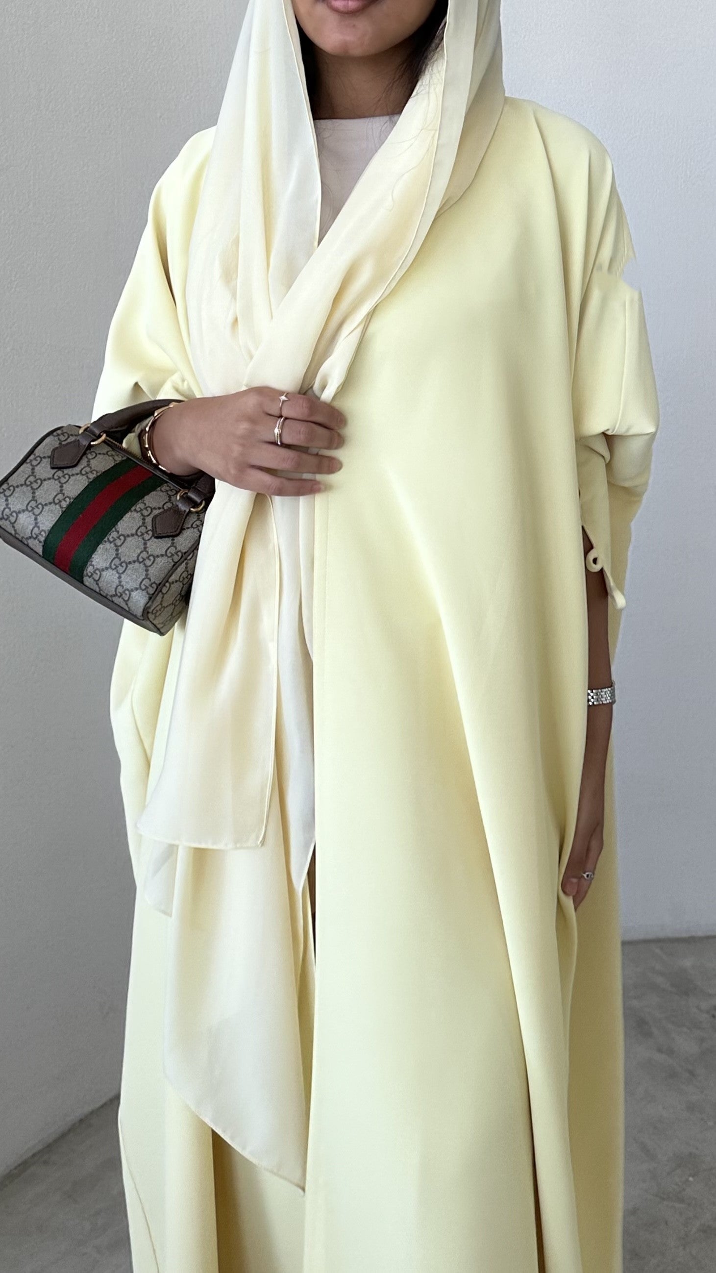Butter Yellow crepe abaya, bisht style with Pearl Buttons