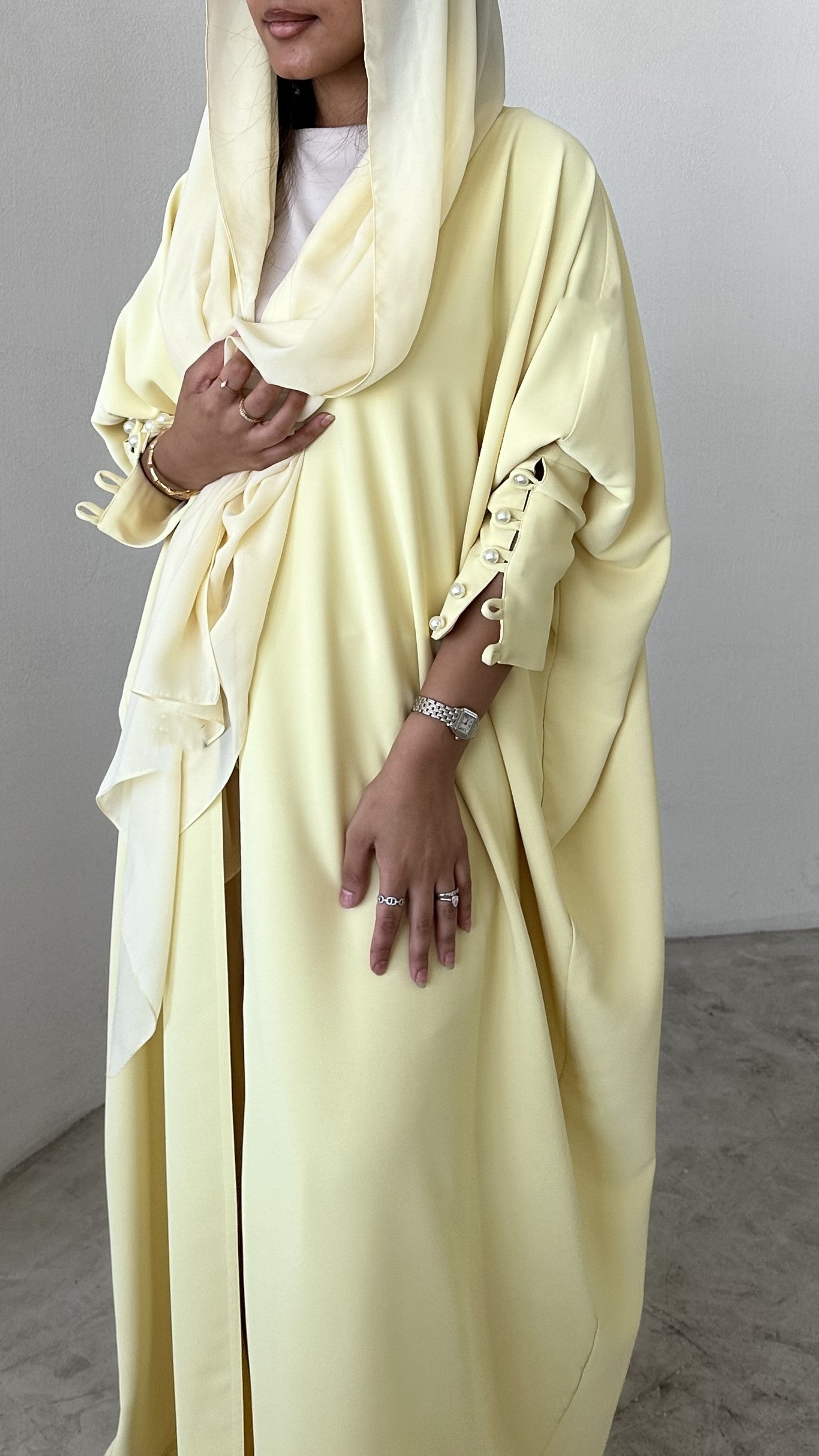 Butter Yellow crepe abaya, bisht style with Pearl Buttons