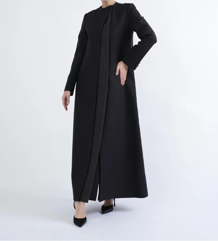 Black Formal Abaya with Tailored Silhouette and Stripe Panel