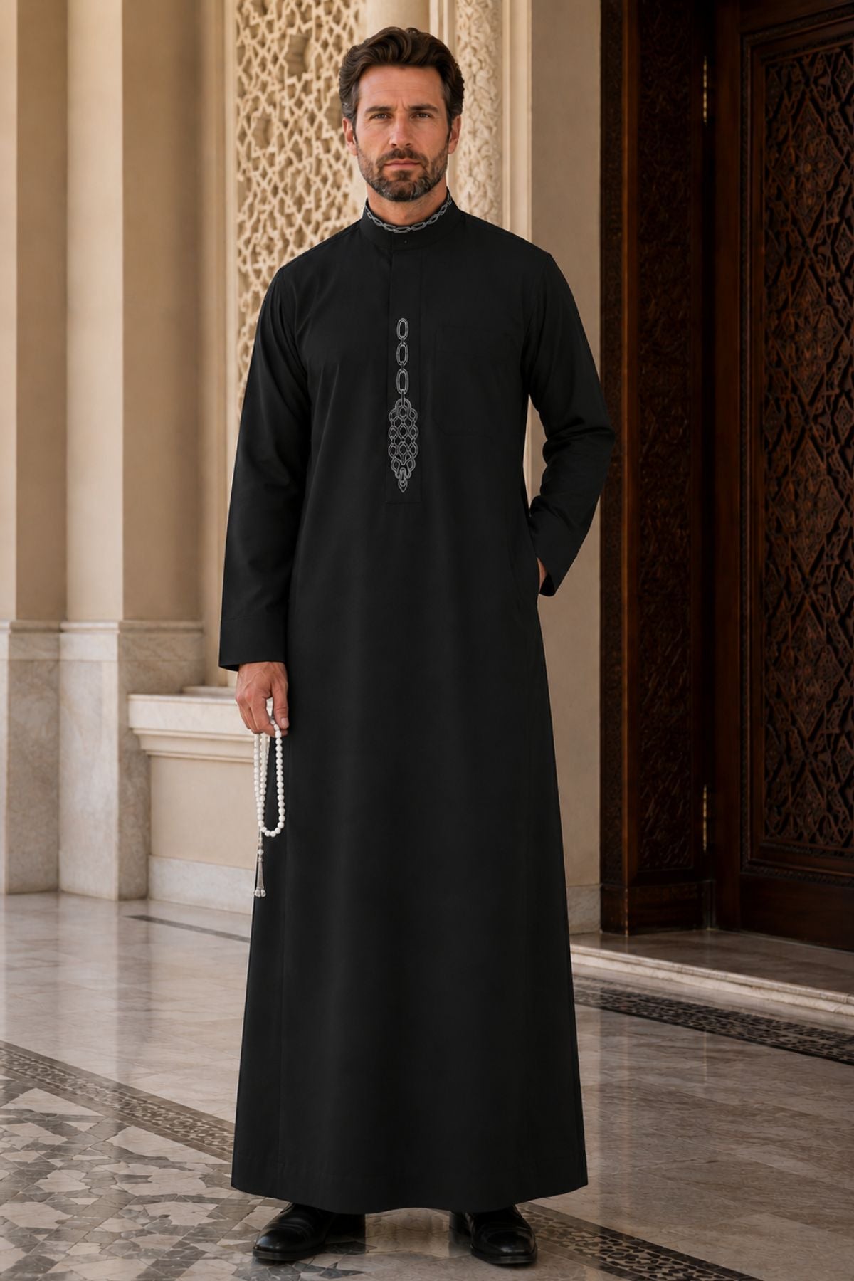 Aswad Saudi Thobe with Signature White Embroidery
