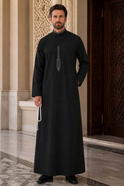 Aswad Saudi Thobe with Signature White Embroidery