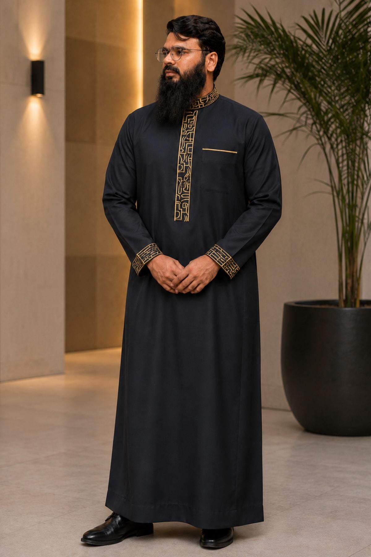 Black Saudi Thobe with Floral Embroidery