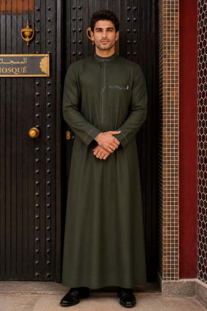 Dark Olive Embroidered Winter Thobe – Elegant & Warm for Men