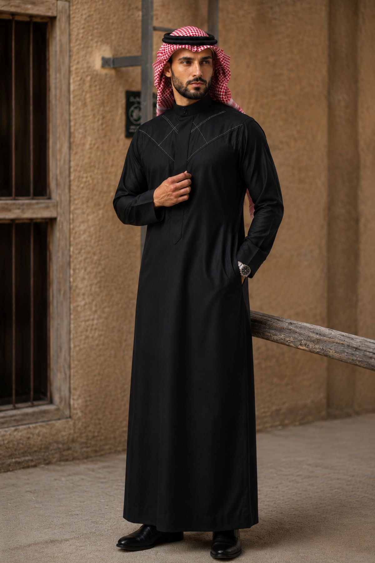 Elegant Black Geometric Stitch Saudi Thobe with White Thread