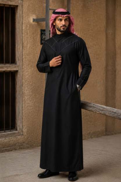 Elegant Black Geometric Stitch Saudi Thobe with White Thread
