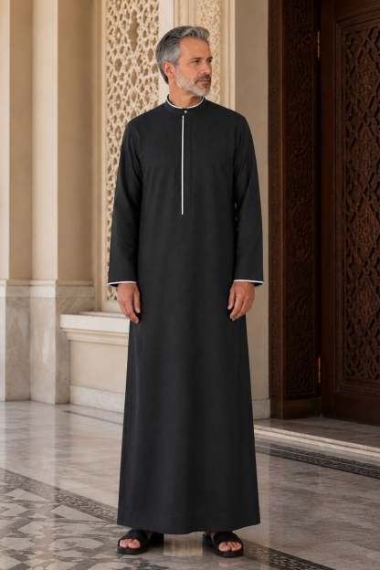 Elegant Black Saudi Thobe with White Trim – Modern & Classic
