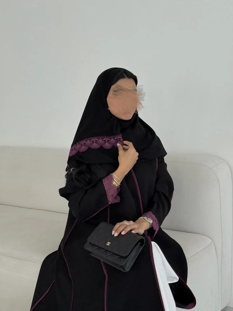 Black Abaya with Purple Lace details