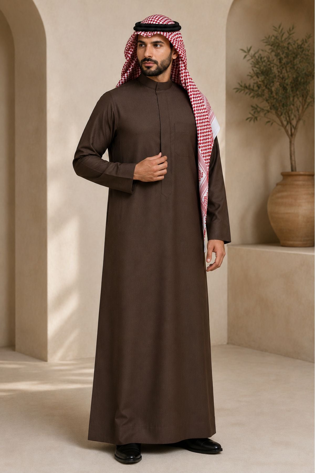 Luxury Dark Brown Thobe with Classic Saudi Tailoring