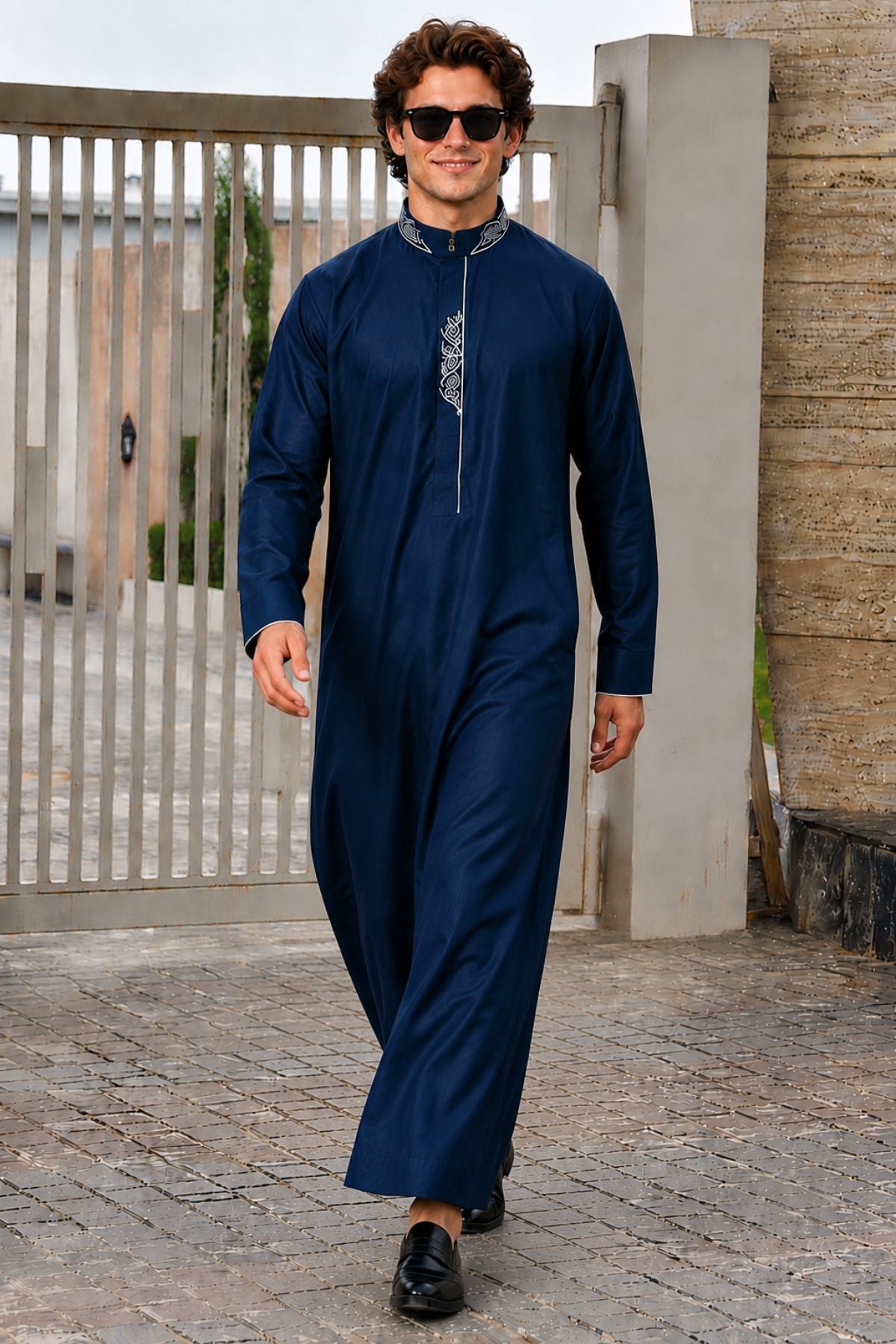 Men's Navy Modern Stitch Saudi Thobe | Chest & Back Stitch Design