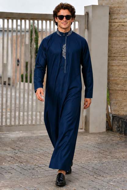 Men's Navy Modern Stitch Saudi Thobe | Chest & Back Stitch Design