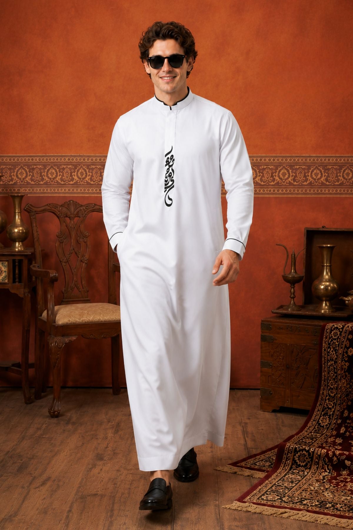 Men’s White Saudi Thobe With Traditional Embroidery