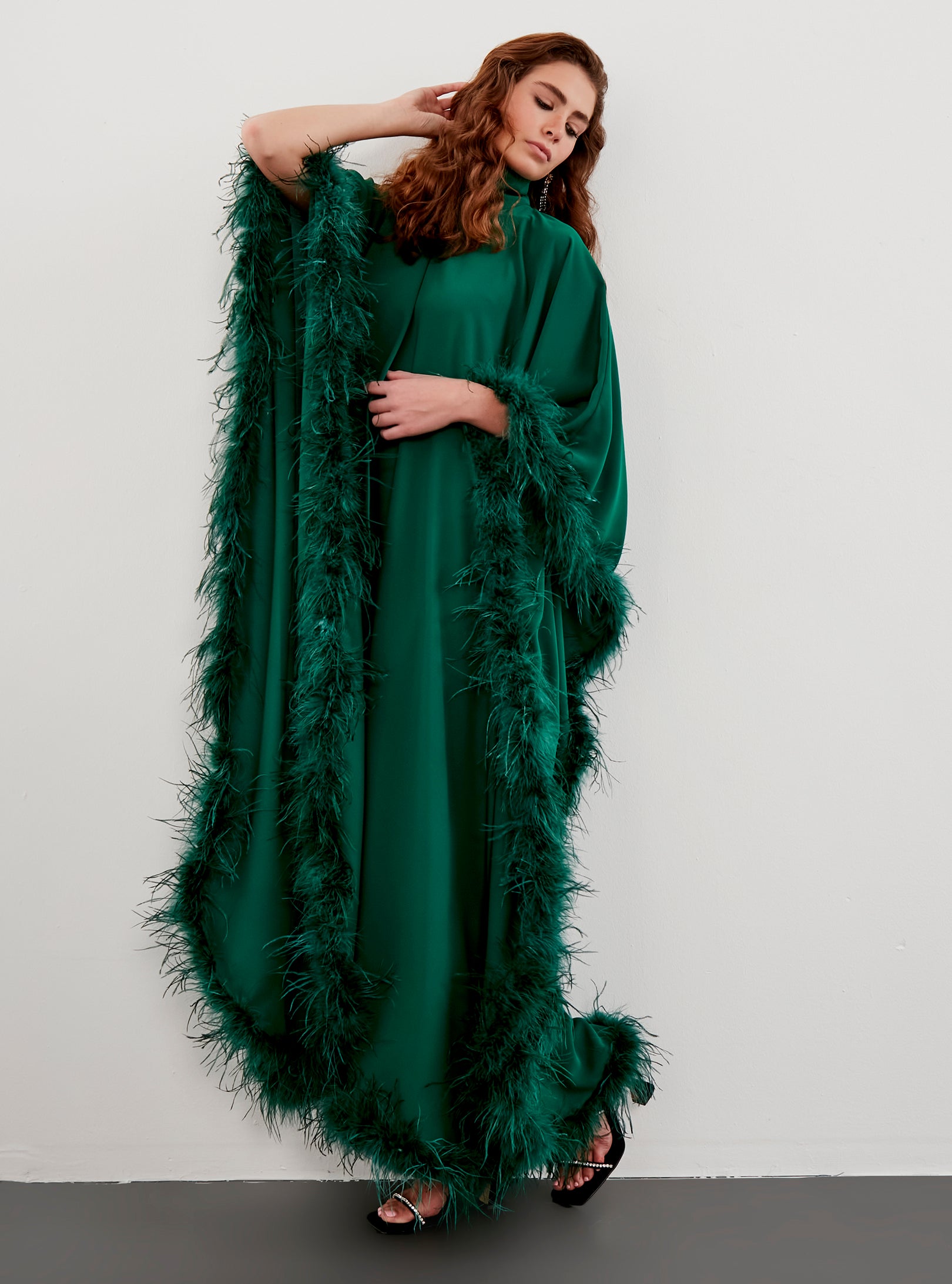 Feather Trimmed Emerald Kaftan Dress