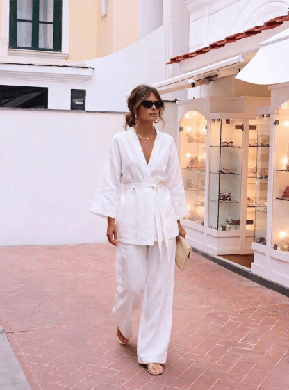 100% Washed Linen White Kimono & Trouser Set