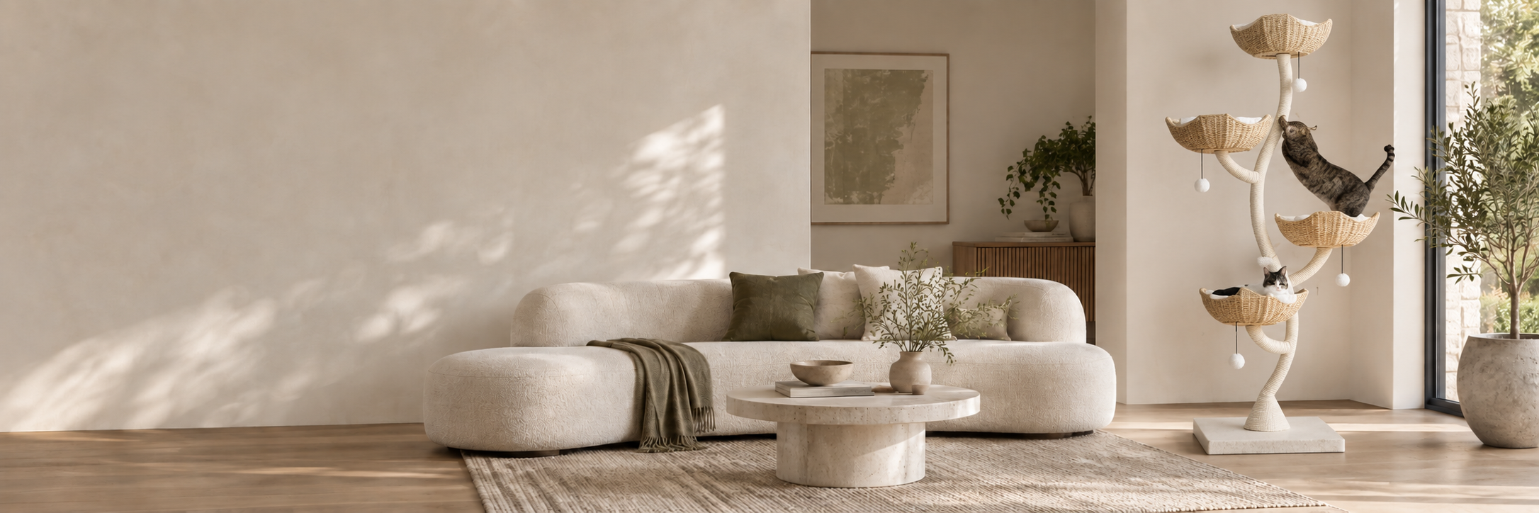 Two cats climbing and resting in woven perches beside a cream sofa in a sunlit living room