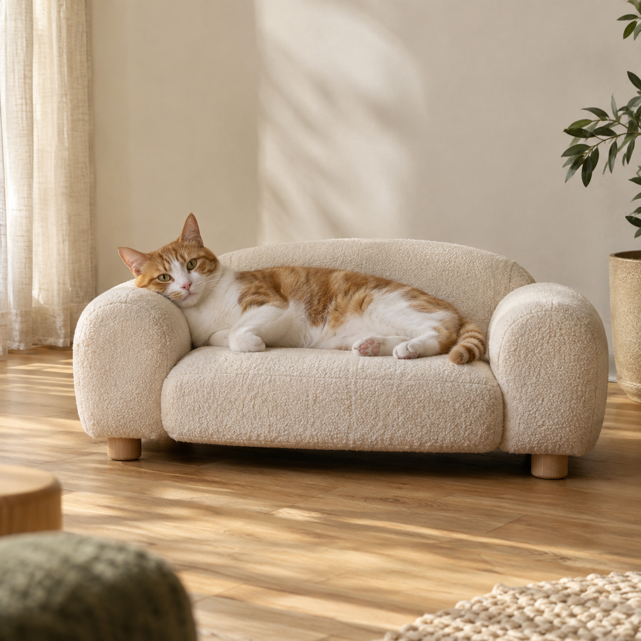 An orange and white cat lounging on a small cream sofa