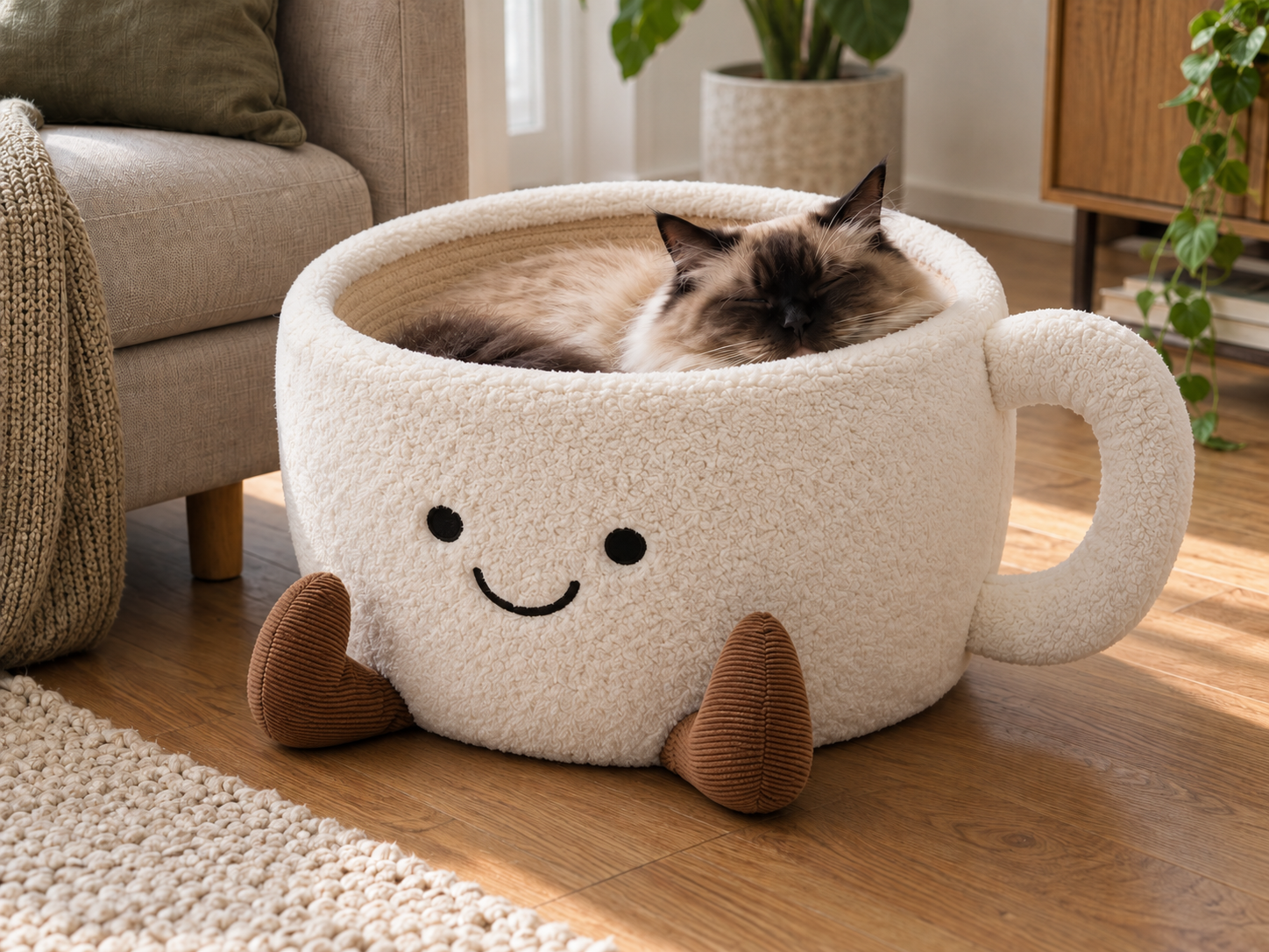 A cat curled up in a cream mug-shaped bed beside a sofa