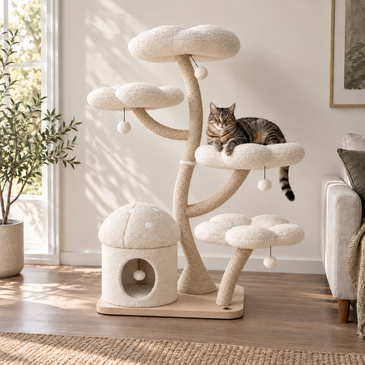 A cat resting on a cloud-shaped cat tree