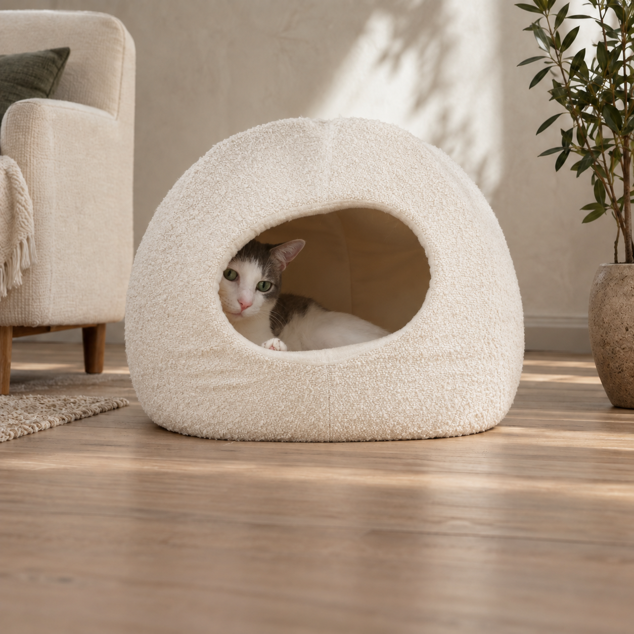 A grey and white cat looking out from a rounded cream cat house