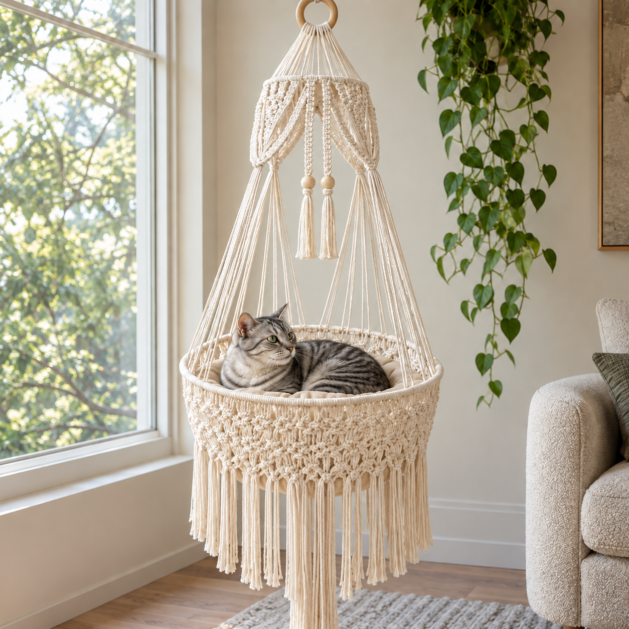 A silver tabby resting in a cream woven hanging basket beside a window