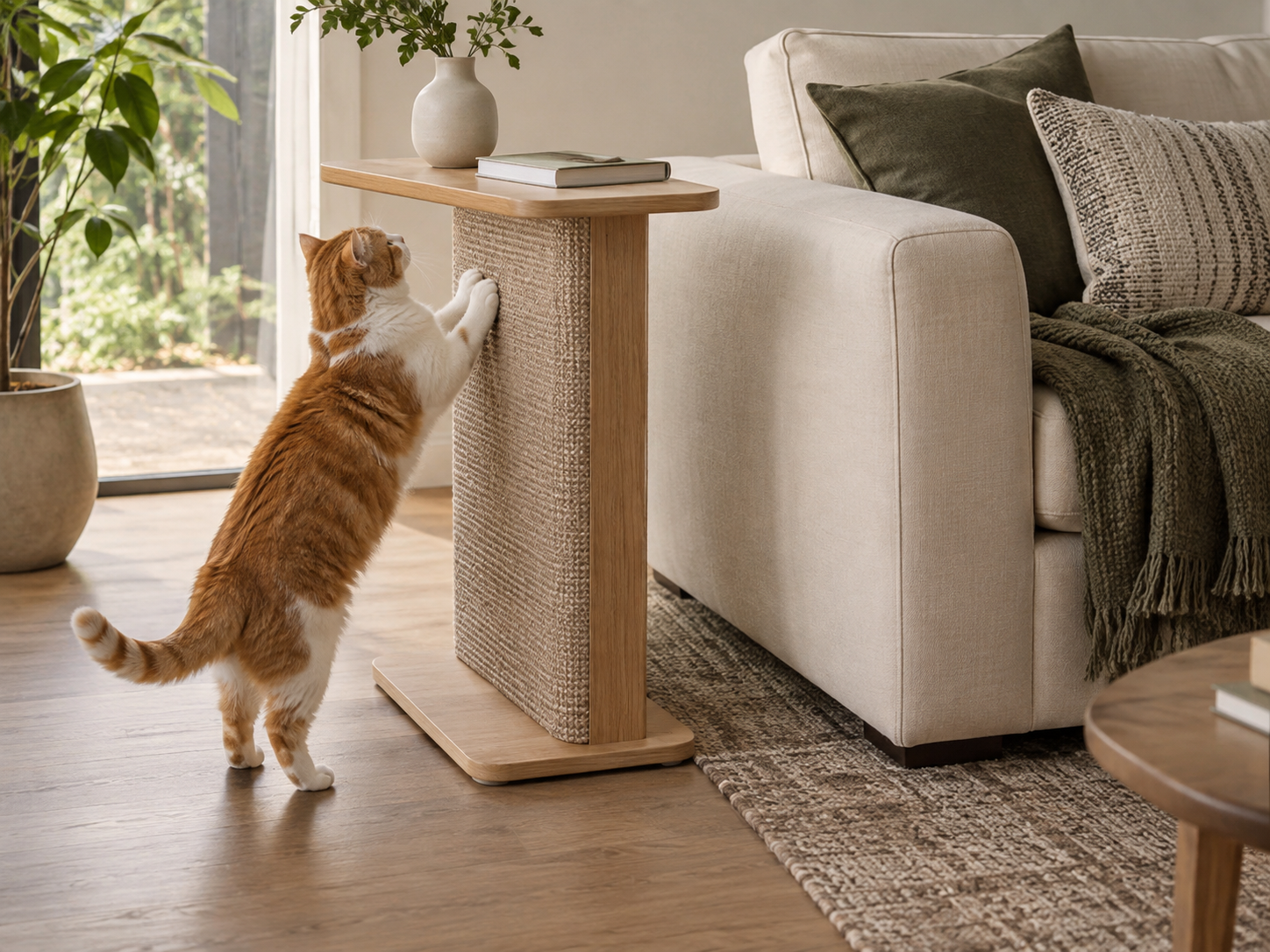 An orange and white cat stretching against a scratching side table beside a sofa