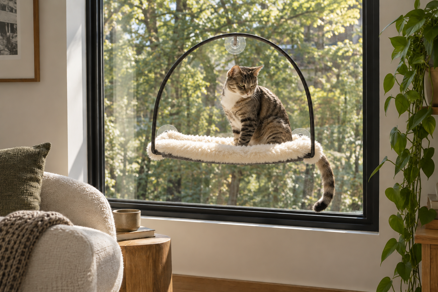A tabby cat sitting on a window perch beside a cream armchair