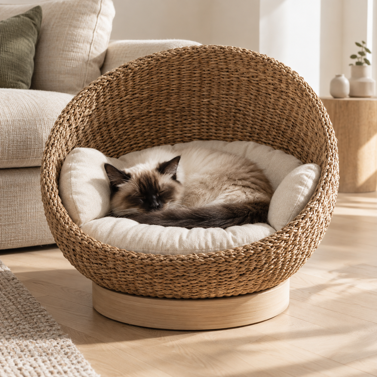 A sleeping cat curled in a cushioned woven basket bed