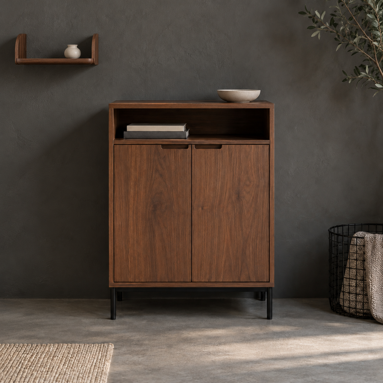 A compact cabinet, short wall shelf and small objects in an interior styling illustration