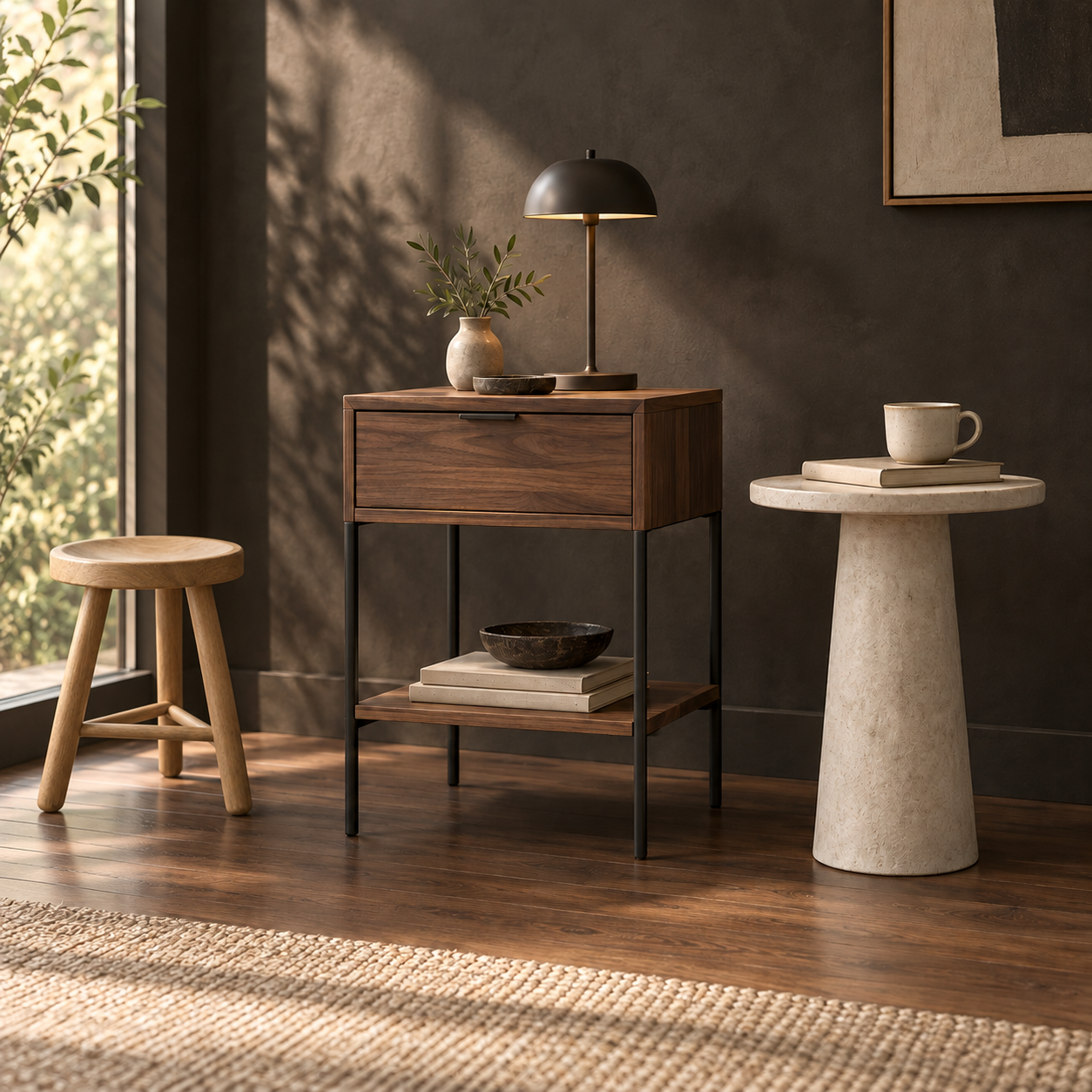 Small accent tables and a stool in an interior styling illustration