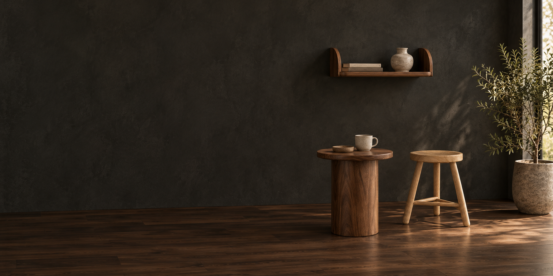 Small side table, stool and wall shelf in a dark styling illustration