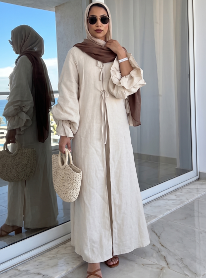 100% Washed Linen Beige Balloon Sleeve Kimono Trousers Set