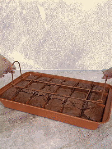 Brownie pan divider being set, filled, baked, and lifted