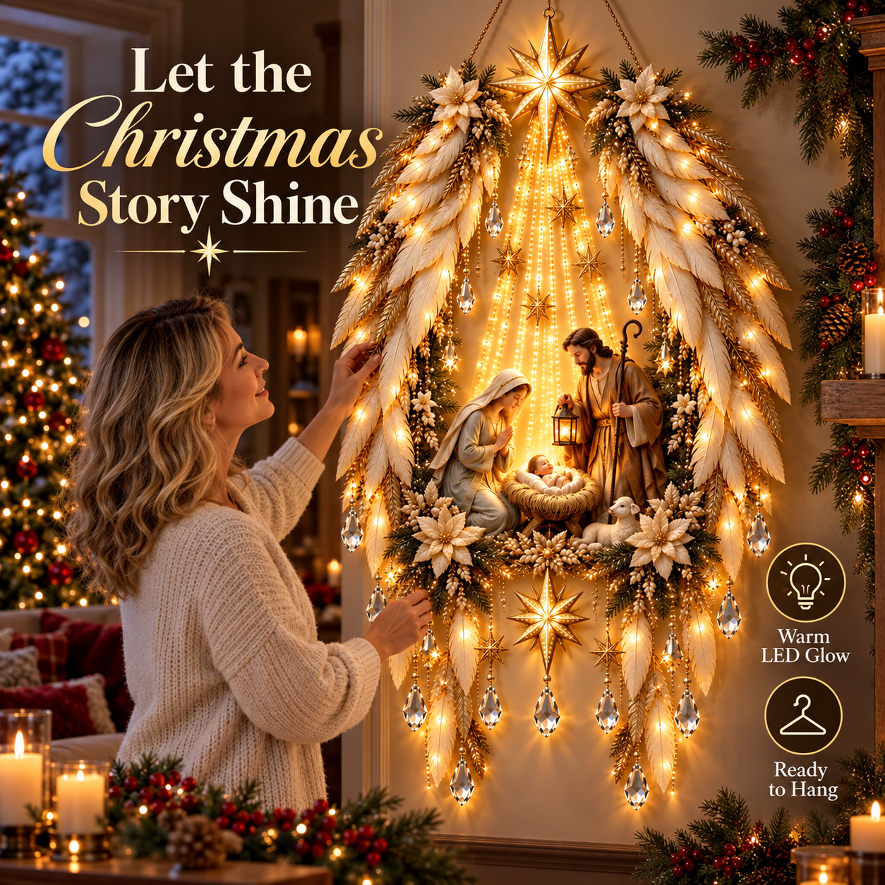 Lighted Nativity Christmas Wall Wreath – Angel, Star & Church Designs - 1