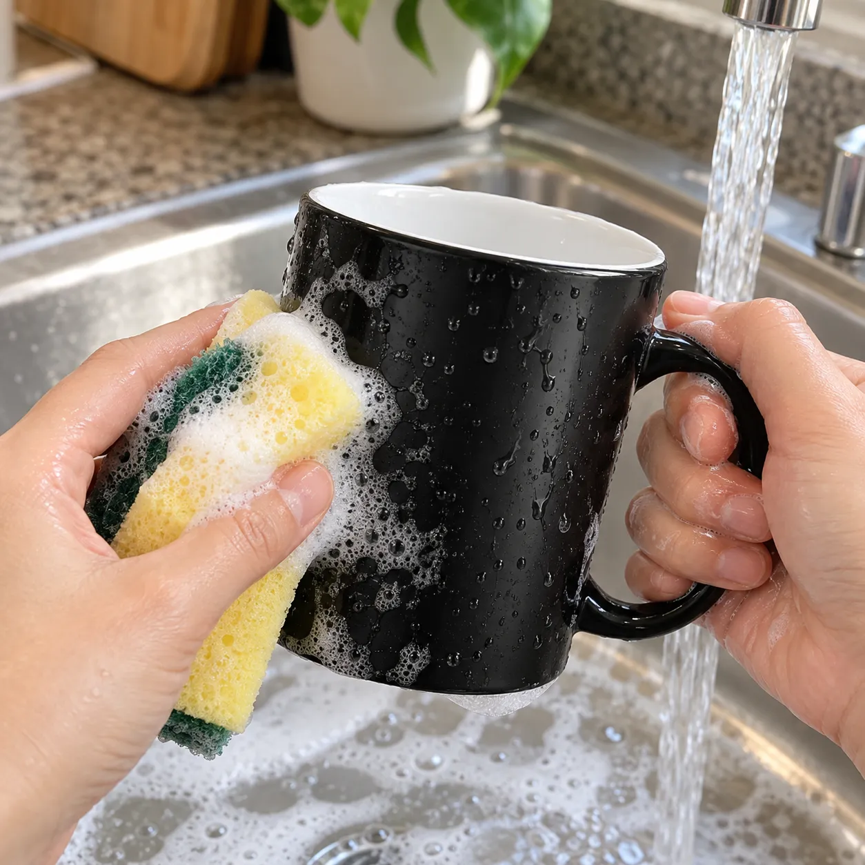 Gently hand-washing the black mug with a soft sponge