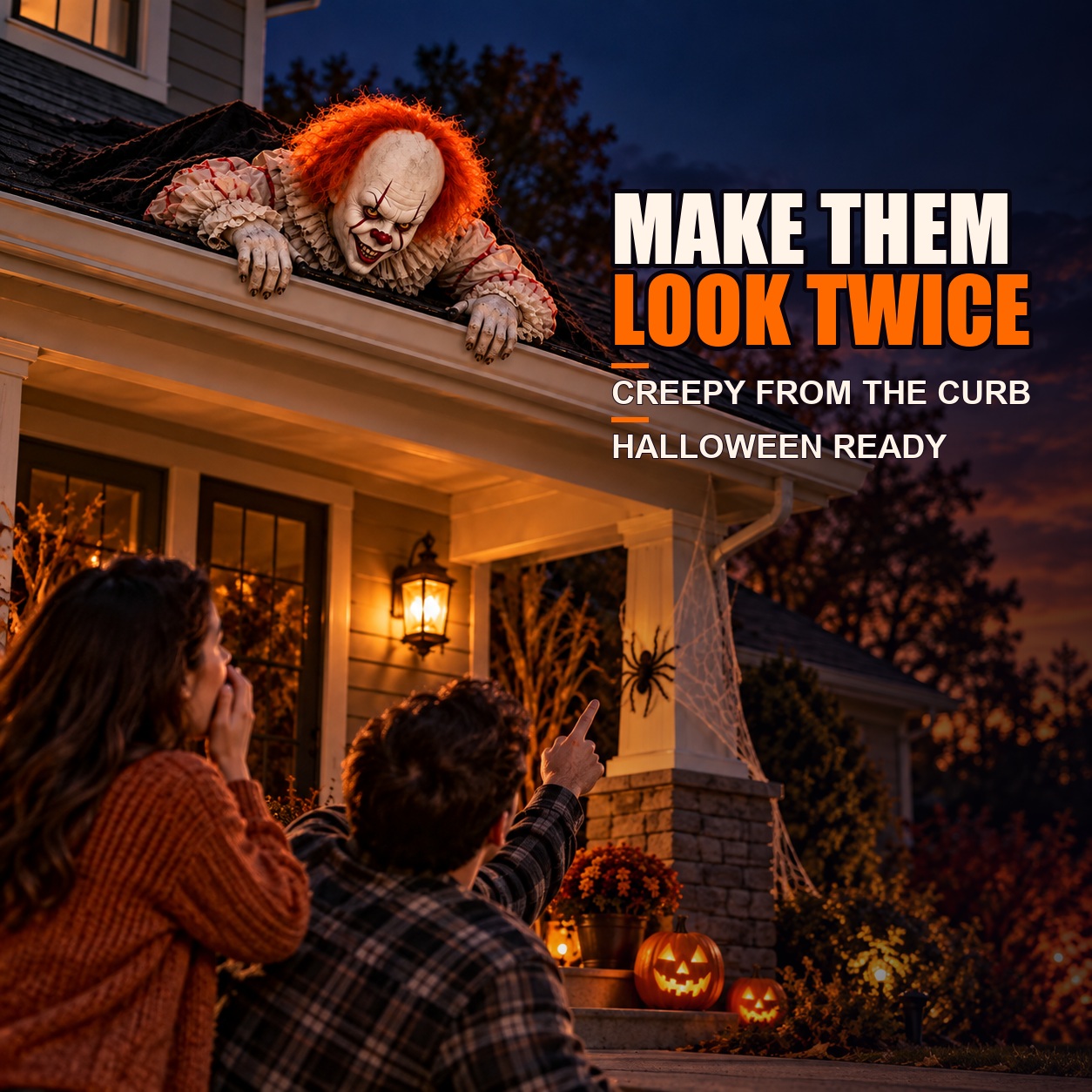 Orange-haired clown rooftop crawler surprising visitors at dusk