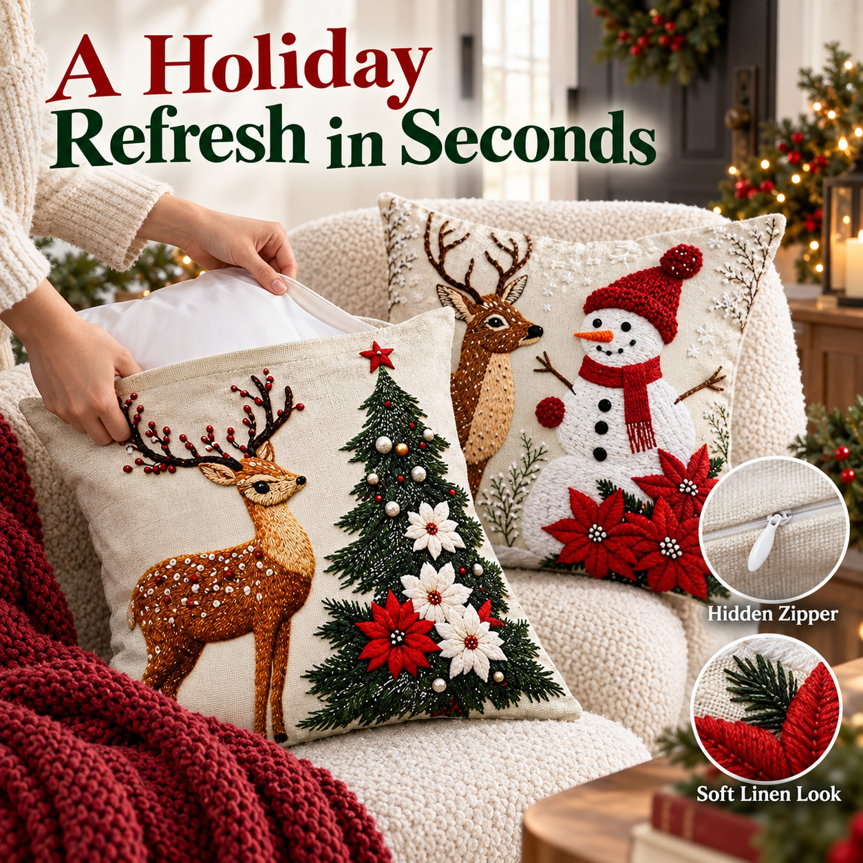 Embroidered Christmas Pillow Covers — 4 Festive Designs, 17.72 in - 2