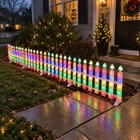 Colorful plug-in fence lights beside a decorated front porch