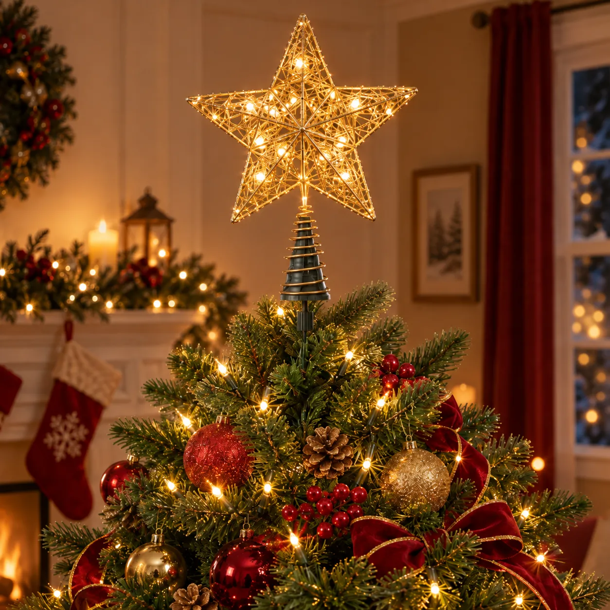 Glowing star supported by the cone and gold spring configuration on a decorated living room Christmas tree