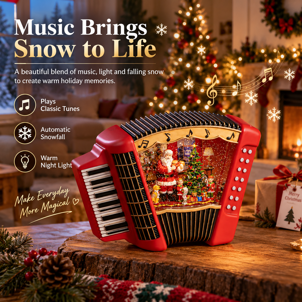 Christmas music box showing music, light, and snowfall features