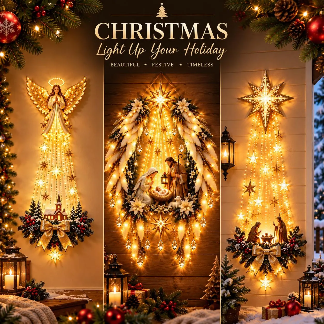 Lighted Nativity Christmas Wall Wreath – Angel, Star & Church Designs - 4