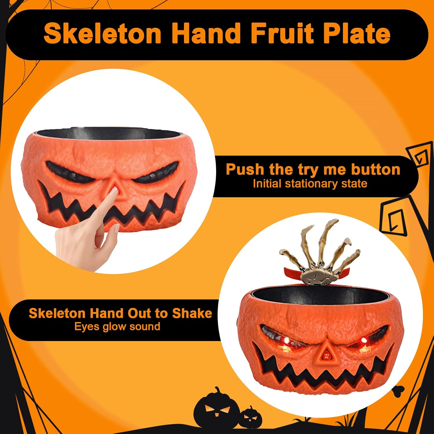 Sådan går Halloween-slikskålen med skelethånd fra stille til aktiv