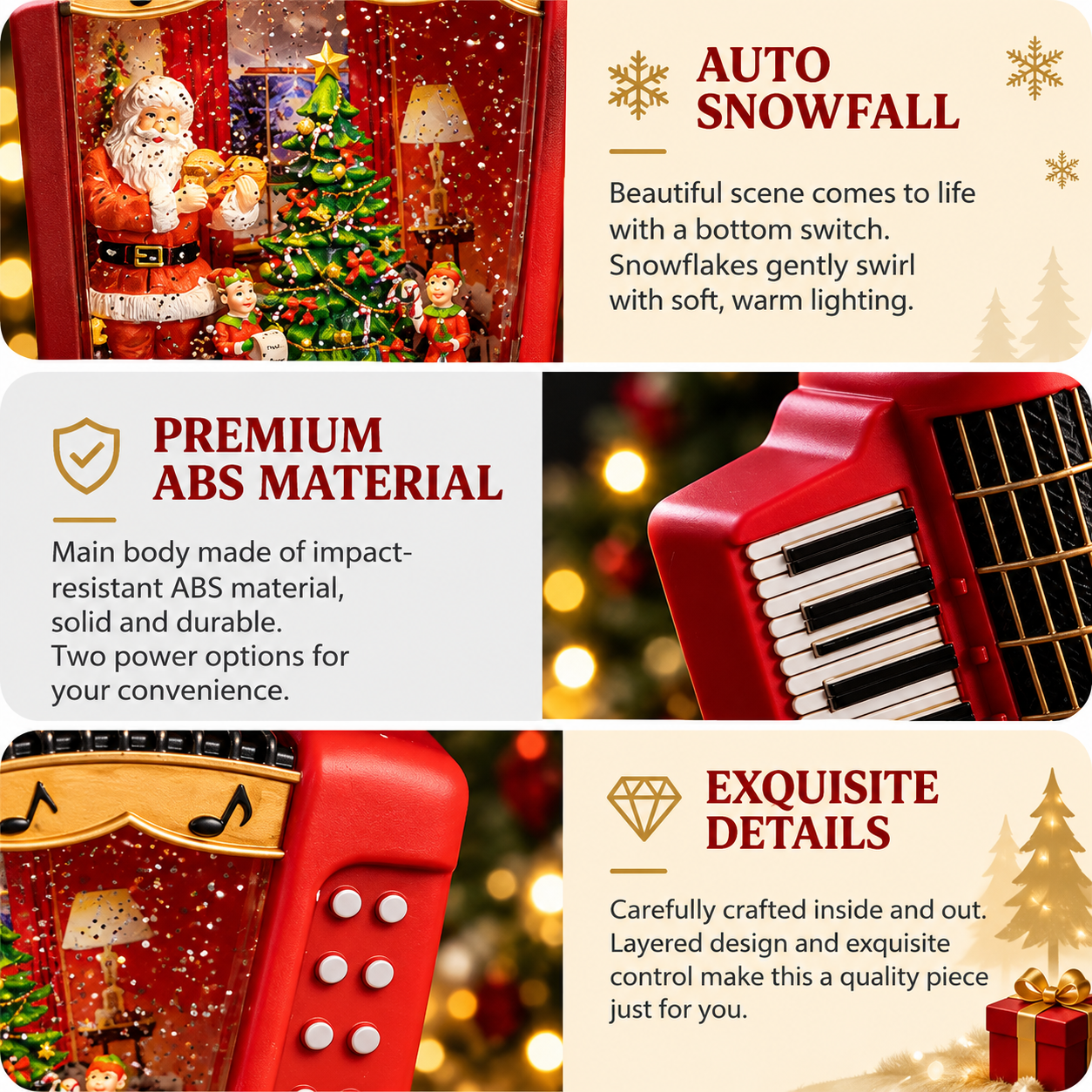 Close-up details of the Santa scene, controls, and durable ABS body