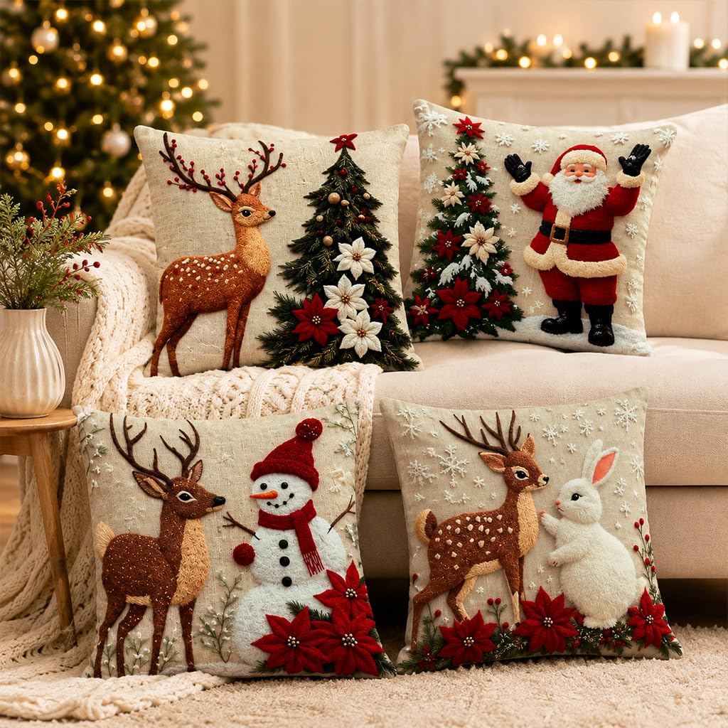 Embroidered Christmas Pillow Covers — 4 Festive Designs, 17.72 in - 6