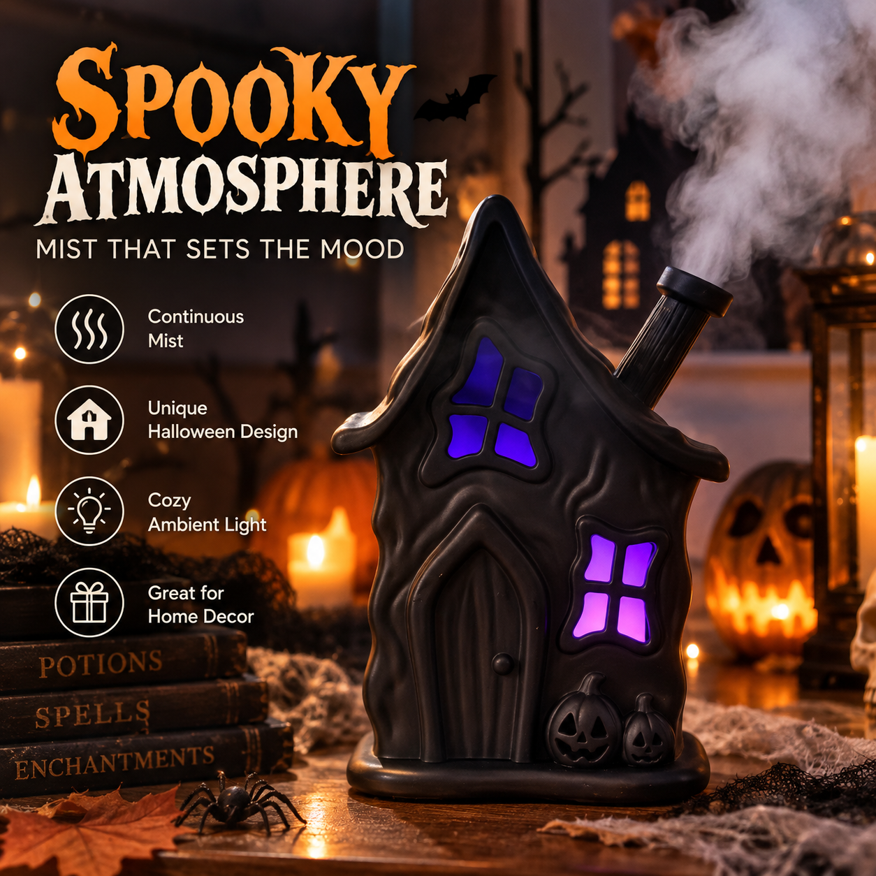 Haunted house humidifier releasing mist in a spooky Halloween atmosphere