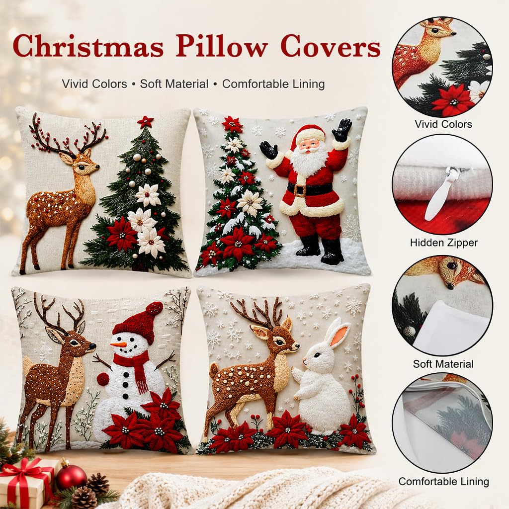 Embroidered Christmas Pillow Covers — 4 Festive Designs, 17.72 in - 7