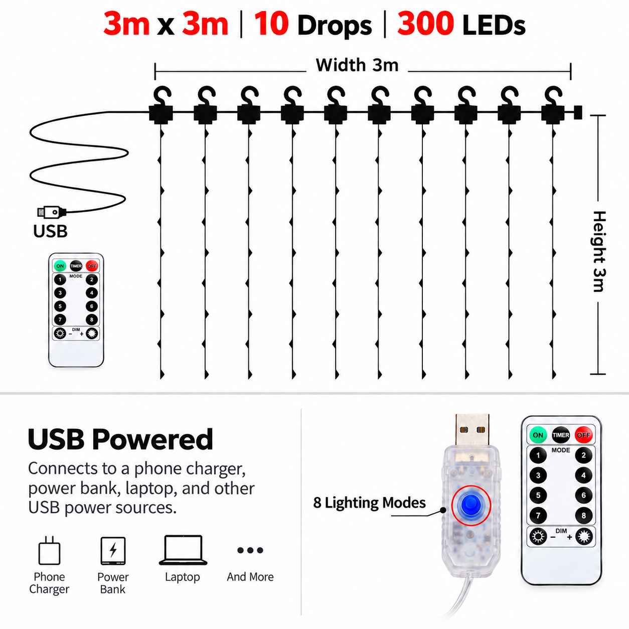 3M x 3M Christmas Curtain String Lights with Remote - 7