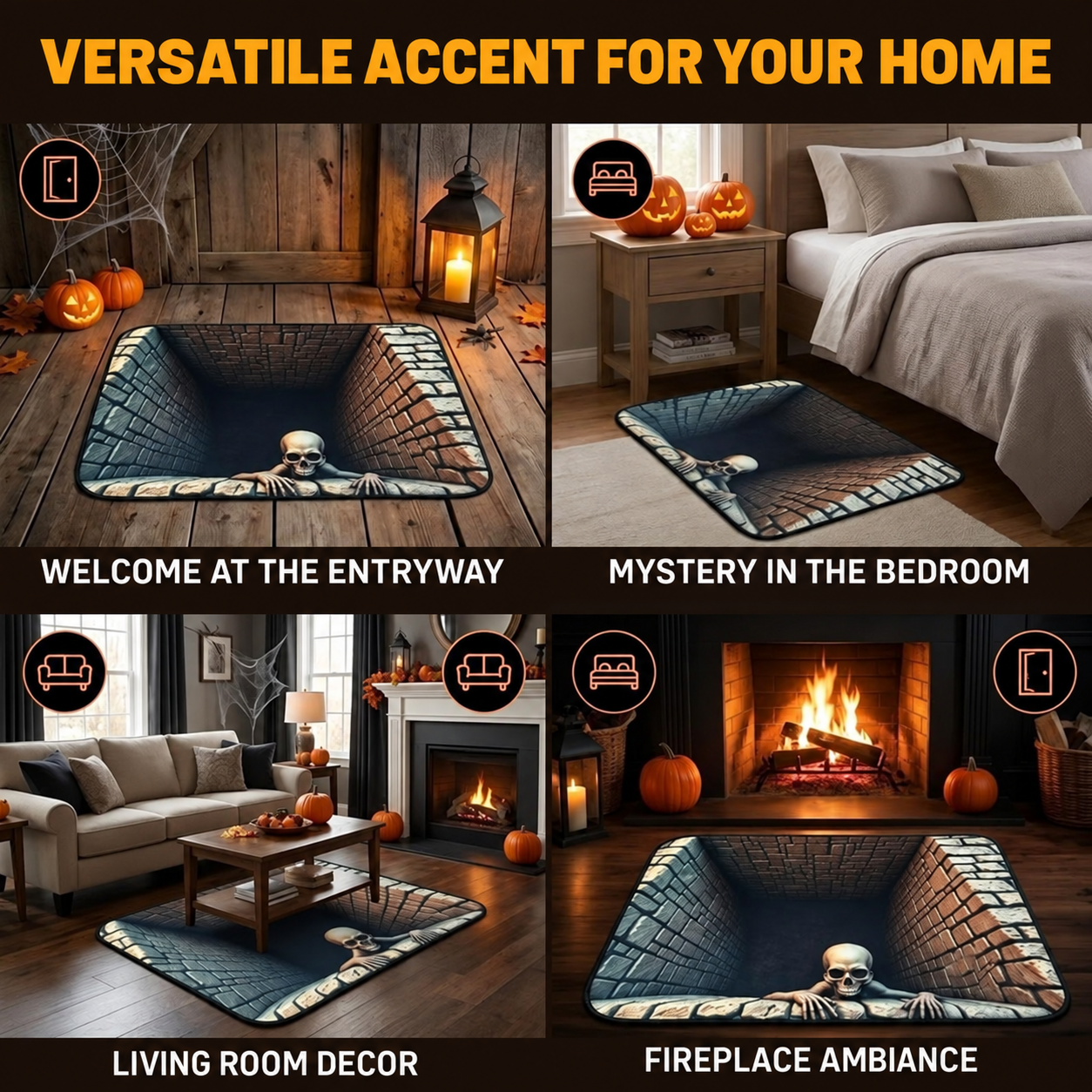Skeleton illusion mat used in multiple Halloween home settings