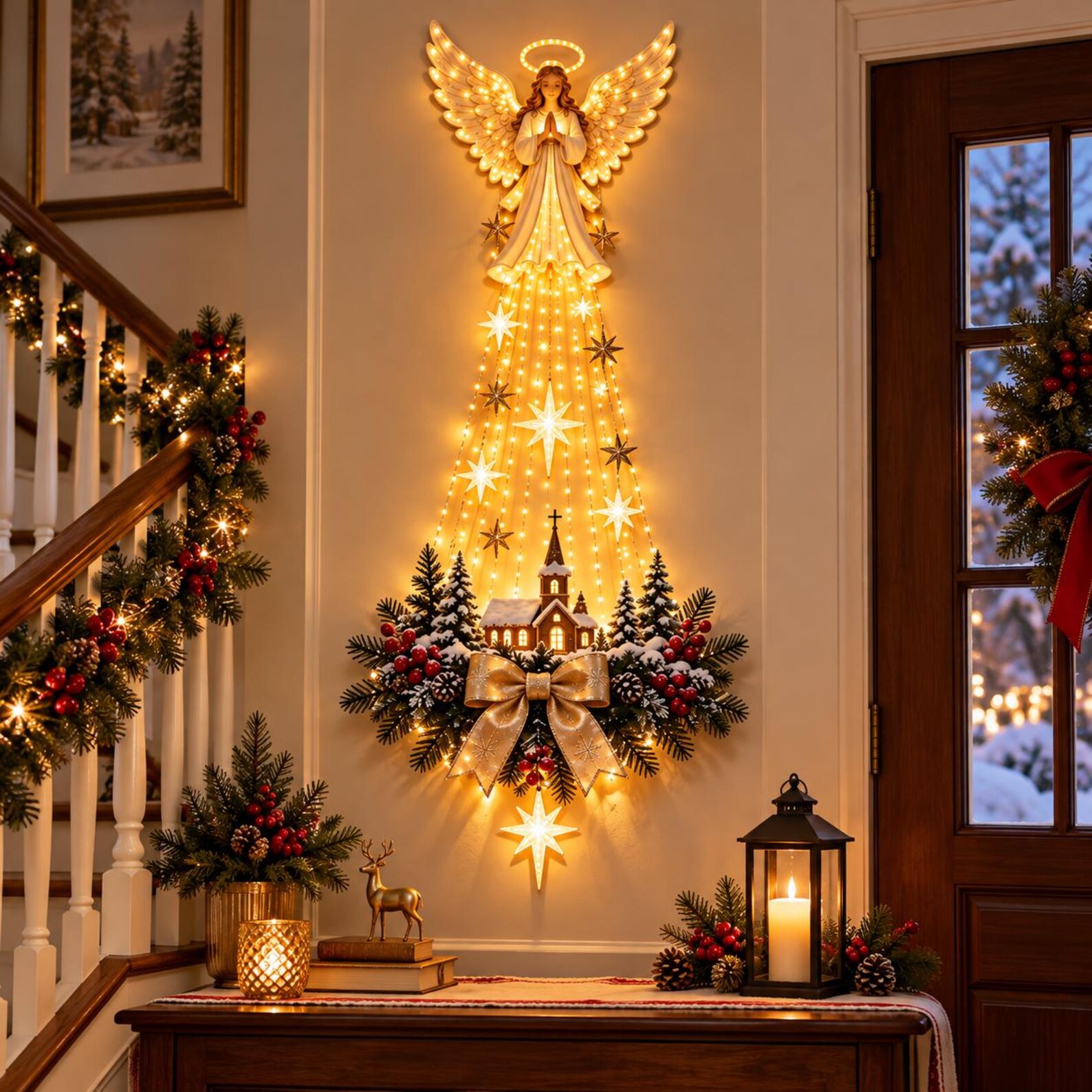 Lighted Nativity Christmas Wall Wreath – Angel, Star & Church Designs - 8