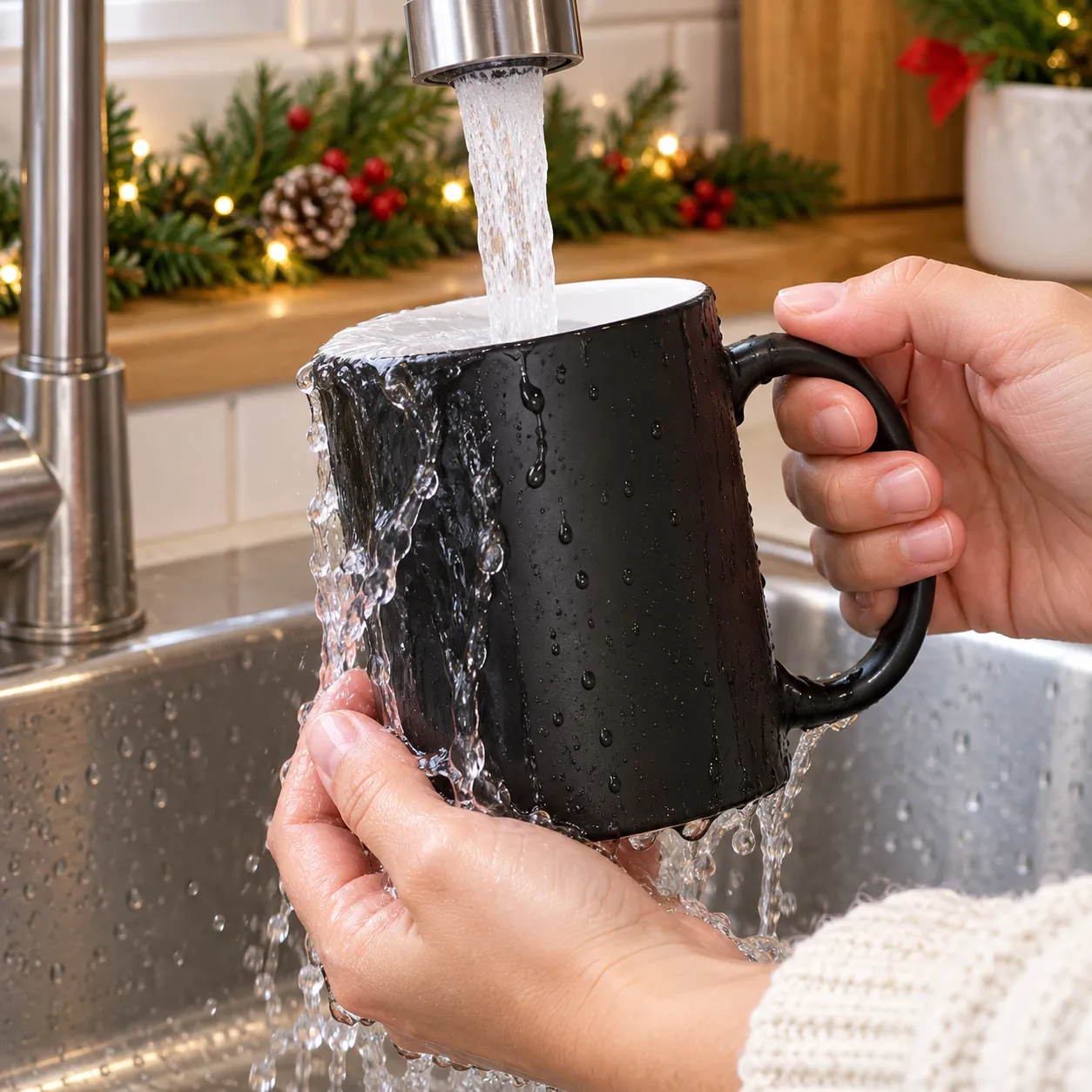 Rinsing the mug under cool water to return it to black