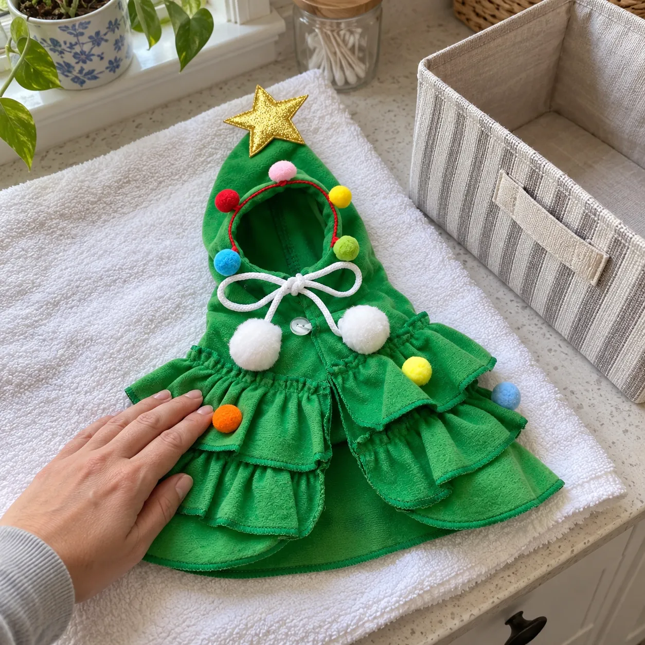 Green Christmas tree pet cape laid flat to air-dry before storage